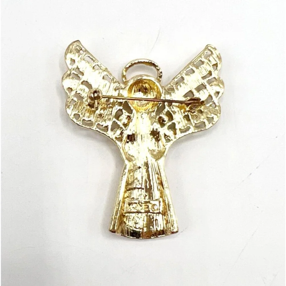 Monet Gold Tone Enameled Angel Brooch Pin  Rhinestones Wings Holiday 2.25" - Picture 3 of 5